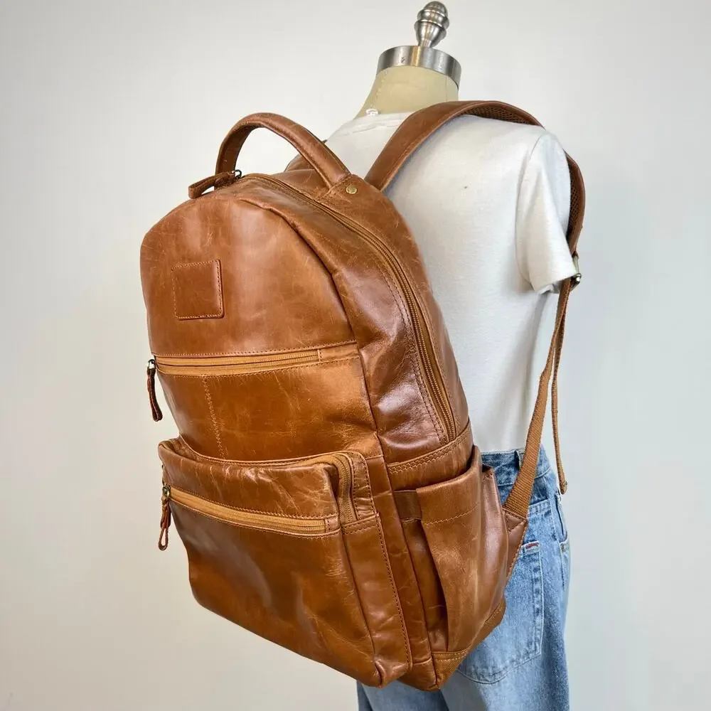 Genuine Leather Laptop Travel Backpack with Trolley Strap for Suitcase